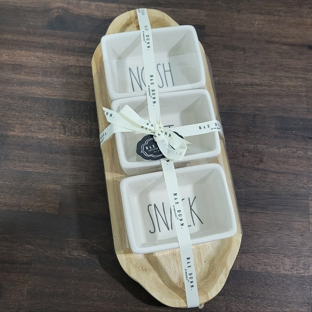 Rae Dunn White Snack Dishes with Wooden Tray